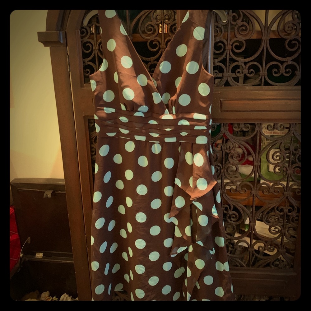6P Brown with Aqua Dot Chiffon Dress